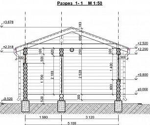 Проект одноэтажной бревенчатой бани № 92/23. Разрез.